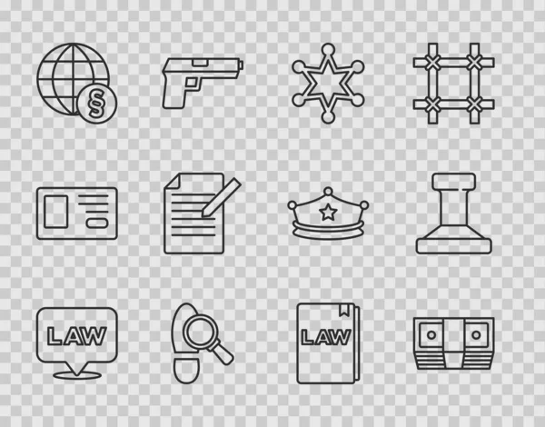 Set line Location law, Bribe money cash, Hexagram sheriff, Footsteps, International, Document and pen, Law book and Stamp icon. Vector — стоковый вектор