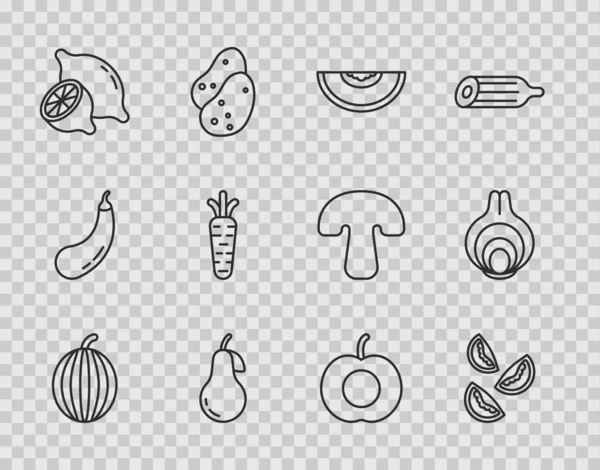 Set line Watermelon, Tomato, Melon fruit, Pear, Lemon, Carrot, Peach and Onion icon. Vector — стоковый вектор