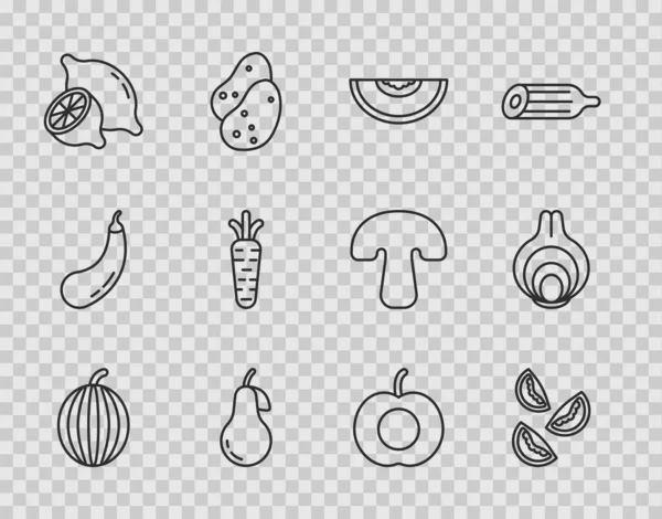 Set line Icono de sandía, tomate, melón, pera, limón, zanahoria, melocotón y cebolla. Vector — Archivo Imágenes Vectoriales