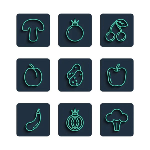 Set-Line Auberginen, Tomaten, Brokkoli, Kirschen, Kartoffeln, Zwetschgen, Pilze und Äpfel Symbol. Vektor — Stockvektor