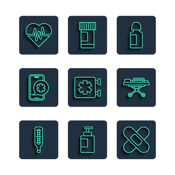 Set line Medizinisches Thermometer, Händedesinfektionsflasche, Kreuzbandpflaster, Augentropfen, Notfall-Symbol, Telefonanruf, Herzfrequenz und Keilrahmen-Symbol. Vektor — Stockvektor