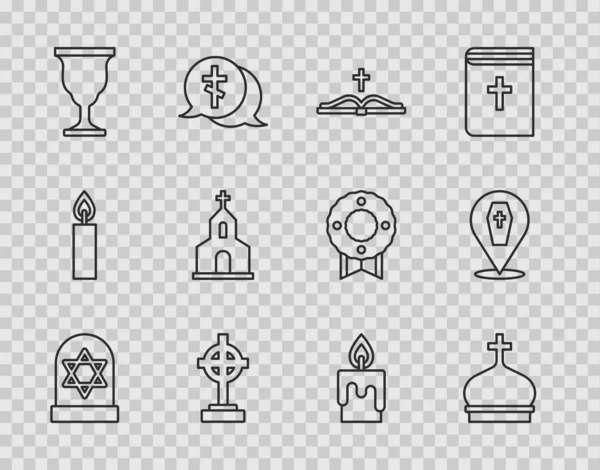 Set line Grave with star of david, Church tower, Holy bible book, cross, Christian chalice, building, Burning candle and Coffin icon. Vector — Stock Vector