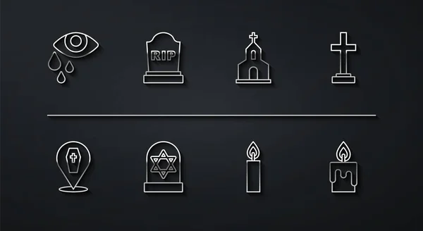 Set line Tear cry eye, Coffin with cross, Grave, Burning candle, star david, Tombstone RIP written, and Church building icon. Vector — стоковий вектор