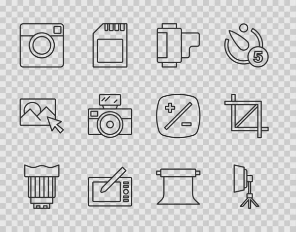 Set line Camera Fotoobjektiv, Softbox-Licht, Rollpatrone, Grafik-Tablet, Fotokamera, mit Blitz, Leeres Studio und Bildausschnitt-Symbol. Vektor — Stockvektor