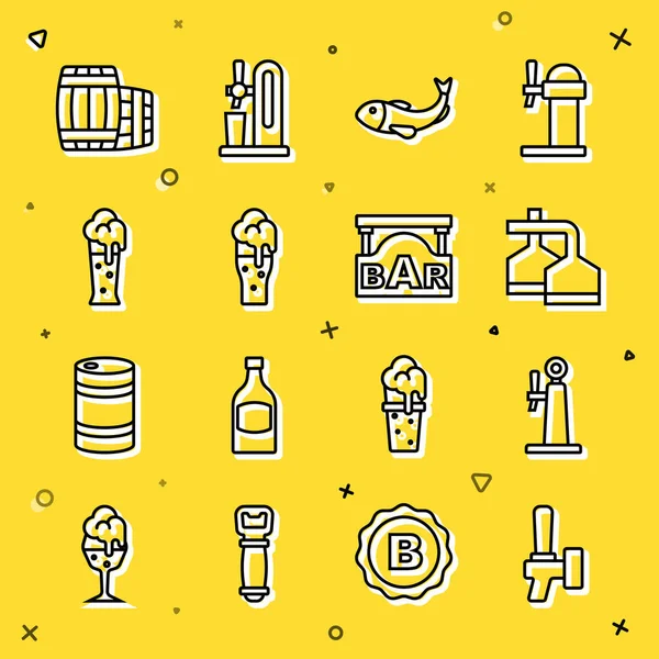 Bira musluğu, demleme işlemi, kurutulmuş balık, bir bardak bira, tahta fıçı ve Bar ikonlu sokak tabelası. Vektör