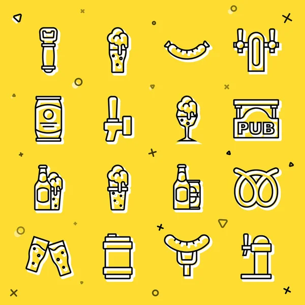 Dispenser birası, Pretzel, içinde Pub, Sausage, Beer tap, Can, şişe açacağı ve bir bardak ikon olan tabela. Vektör