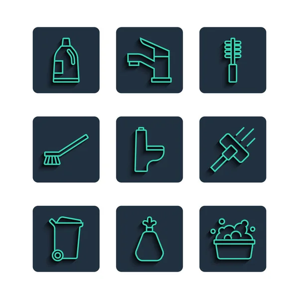 Set line Trash can, Garbage bag, Basin with soap suds, Toilet brush, bowl, Brush for cleaning, Bottle agent and Vacuum cleaner icon. Vector — Archivo Imágenes Vectoriales