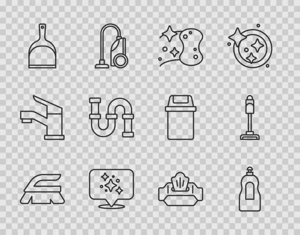 Set line Brush for cleaning, Dishwashing liquid bottle, Sponge, Home service, Dustpan, Industry metallic pipe, Wet wipe pack and Vacuum cleaner icon. Vector — Vector de stock