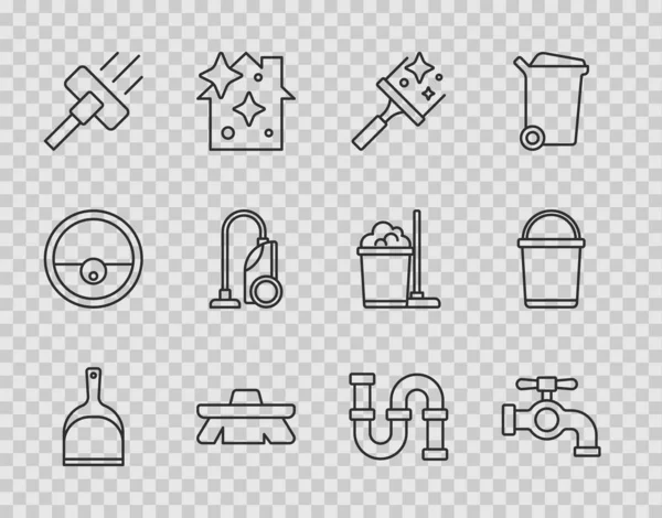 Set line Dustpan, Water tap, Rubber cleaner for windows, Brush cleaning, Vacuum, Industry metallic pipe and Bucket icon. Vector — стоковый вектор