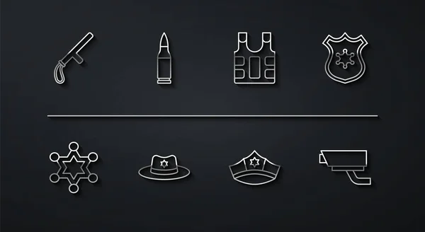 Встановити лінію Поліцейська гумова паличка, шериф, бейдж, шапка з коктейлем, капелюх шерифа, куля, камера безпеки та значок з куленепробивним жилетом. Векторні — стоковий вектор