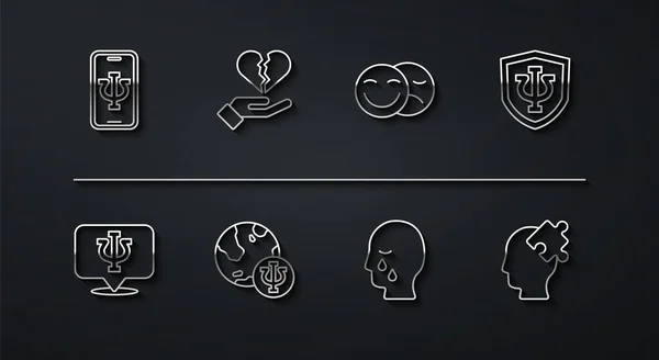 Set line Psychologist online, Psychology, Psi, Man graves funeral sorrow, Broken heart divorce, Solution to the problem and Comedy and tragedy masks icon. Vector — ストックベクタ