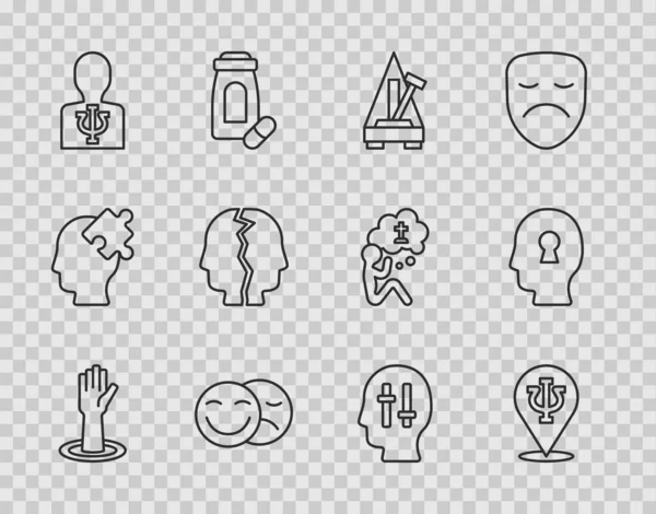 Set line Helping hand, Psychology, Psi, Metronome with pendulum, Comedy tragedy masks, Bipolar disorder, Solution to the problem and icon. Vector — Image vectorielle