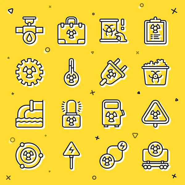 Radyoaktif kargo treni, radyasyonlu üçgen, bulaşıcı atık, varil, meteoroloji termometresi, sanayi borusu, valf ve radyasyon elektrik prizi ikonu. Vektör