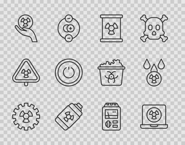 Set line Radioactive, Nuclear laptop, waste in barrel, energy battery, Power button, Dosimeter and Acid rain and radioactive cloud icon. Vector — Vetor de Stock