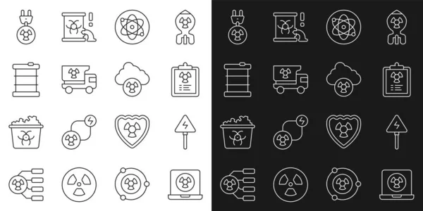 Setzen Sie die Linie Nuklearlaptop, Hochspannungszeichen, Radiation Warndokument, Atom, LKW mit radioaktivem Material, radioaktive Abfalltonne, Stecker und saurer Regen und radioaktive Wolke Symbol. Vektor — Stockvektor