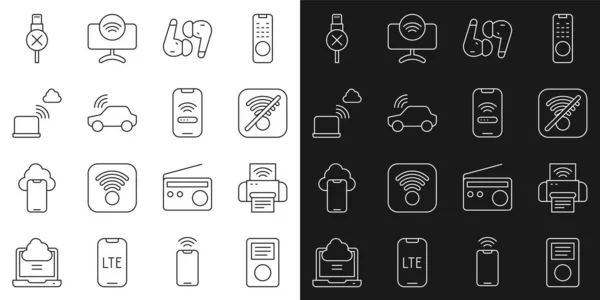 Set line Music player, Smart printer system, No Wi-Fi wireless internet, Air headphones, car, Network cloud connection, usb cable cord and Mobile with wi-fi icon. Vector — Image vectorielle