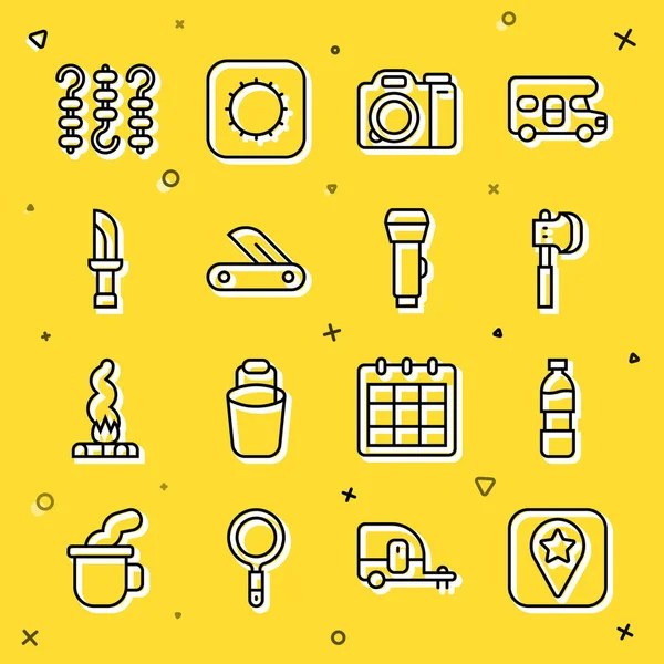 Set line Location for camping, Bottle of water, Wooden axe, Photo camera, Swiss army knife, Knife, Grilled shish kebab skewer and Flashlight icon. Vector — ストックベクタ