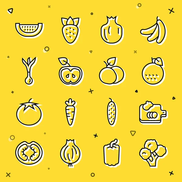Set line Broccoli, Cutting board with vegetables, Orange fruit, Pomegranate, Apple, Onion, Watermelon and Mango icon. Vector — Archivo Imágenes Vectoriales