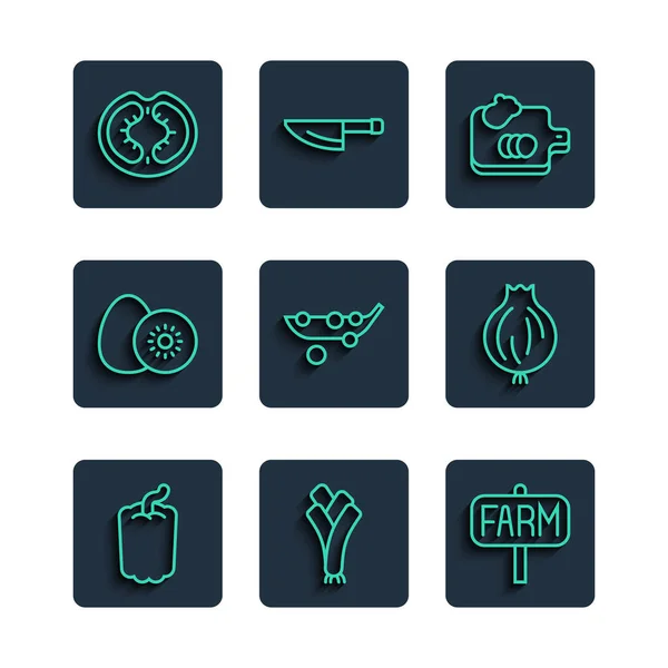 Set line Poivron, poireau, ferme d'emplacement, planche à découper avec légumes, pois, kiwis, tomate et ail icône. Vecteur — Image vectorielle