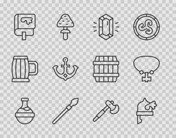 İksirli bir şişe, boynuzlu miğferli bir Viking, değerli taş, ortaçağ mızrağı, kitap, dayanak noktası, tahta balta ve kolye ikonu. Vektör