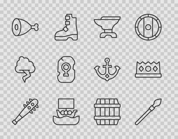 Set line Mace with spikes, Medieval spear, Anvil for blacksmithing, Viking ship Drakkar, Chicken leg, Magic rune, Wooden barrel and King crown icon. Vector — Vetor de Stock