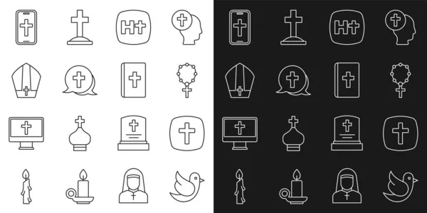 Set line Paloma, cruz cristiana, rosario cuentas religión, sombrero del Papa, teléfono y el icono del libro de la Sagrada Biblia. Vector — Vector de stock