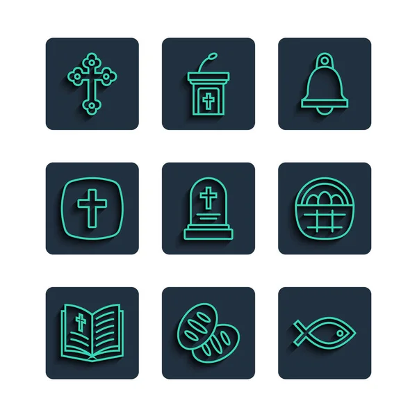 Set line Holy bible book, Christian bread, fish symbol, Church bell, Grave with tombstone, cross, and Basket easter eggs icon. Vector — стоковый вектор