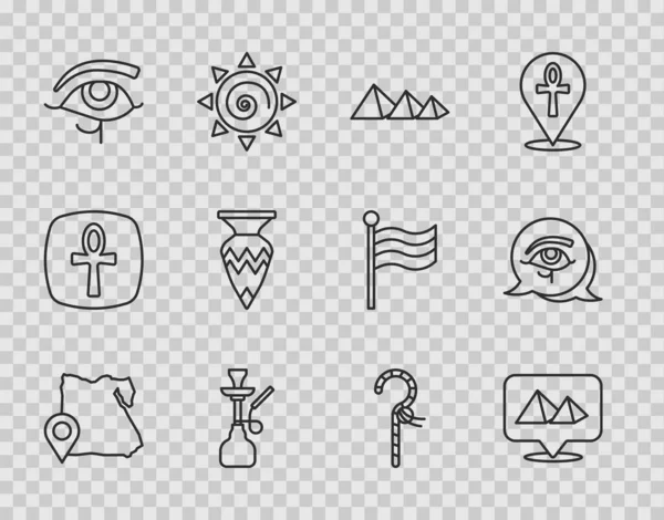 エジプト、ピラミッド、フカ、アイホルス、エジプトの花瓶、クルックとアイコンのセットラインマップ。ベクトル — ストックベクタ