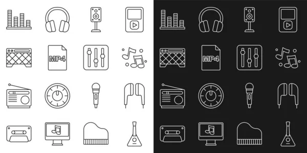 Set line Balalaika, Air headphones, Music note, tone, Stereo speaker, MP4 file document, Guitar amplifier, equalizer and Sound mixer controller icon. Vector — Archivo Imágenes Vectoriales