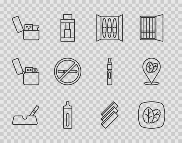 Set Aschenbecher mit Zigarette, Tabakblatt, Zigarre, Elektronik, Feuerzeug, Rauchverbot, Zigarettenpapier und -symbol. Vektor — Stockvektor