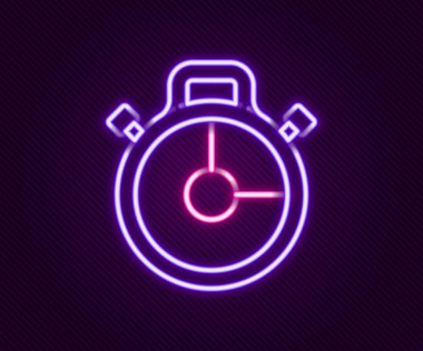 Parlayan neon hattı Stopwatch simgesi siyah arkaplanda izole edildi. Zaman göstergesi. Kronometre işareti. Renkli taslak konsepti. Vektör