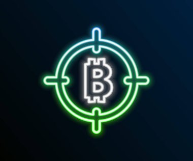 Hedef simgedeki parlayan neon hattı Bitcoin siyah arkaplanda izole edildi. Yatırım hedef simgesi. Renkli taslak konsepti. Vektör