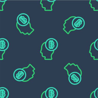 Çizgi Bitcoin ikonunun mavi arka planda izole edilmiş, kusursuz desen olduğunu düşünüyor. Kripto para birimi başı. Engelleme teknolojisi, dijital para piyasası, şifreli para cüzdanı. Vektör