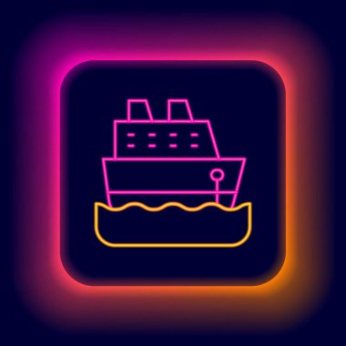 Parlayan neon hattı gemi simgesi siyah arkaplanda izole edildi. Seyahat turizmi deniz taşımacılığı. Yolcu gemisi, yolcu gemisi. Dünya çapında bir gezi. Renkli taslak konsepti. Vektör