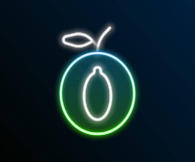 Parlayan neon hattı, siyah arkaplanda izole edilmiş erik meyvesi ikonu. Renkli taslak konsepti. Vektör
