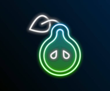 Parlayan neon hattı Pear simgesi siyah arkaplanda izole edildi. Yaprak sembollü meyve. Renkli taslak konsepti. Vektör