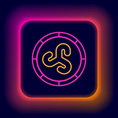 Parlayan neon hattı kalkan Viking simgesi siyah arkaplanda izole edildi. Yuvarlak ahşap kalkan. Güvenlik, güvenlik, koruma, mahremiyet, koruma kavramı. Renkli taslak konsepti. Vektör