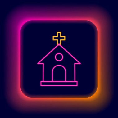 Parlayan neon hattı kilise binası simgesi siyah arka planda izole edildi. Hıristiyan Kilisesi. Kilisenin dini. Renkli taslak konsepti. Vektör