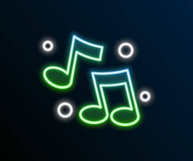 Parlayan neon çizgisi Müzik notası, ton simgesi siyah arkaplanda izole. Renkli taslak konsepti. Vektör