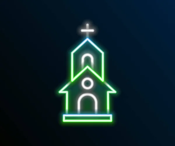 Glowing neon line Church building icon isolated on black background. Christian Church. Religion of church. Colorful outline concept. Vector — Stock Vector