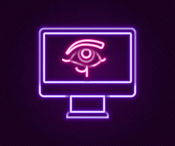 Zářící neonová čára Horusovo oko na ikoně monitoru izolované na černém pozadí. Starověká egyptská bohyně Wedjet symbolem ochrany, královské moci a dobrého zdraví. Barevný koncept. Vektor — Stockový vektor