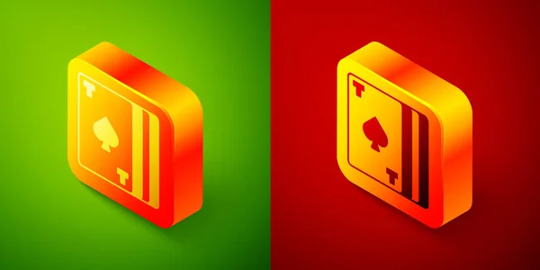 Isometric Deck of playing cards icon isolated on green and red background. Casino gambling. Square button. Vector — Stock Vector