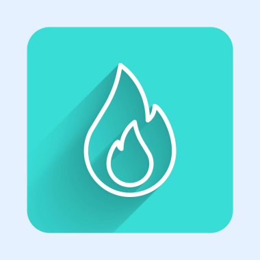 Beyaz çizgi Ateş Alevi simgesi uzun gölgeli izole edilmiş. Yeşil kare düğmesi. Vektör