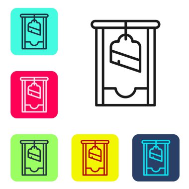 Siyah çizgi giyotin ortaçağ idam ikonu beyaz arka planda izole edildi. Renkli kare düğmelerle simgeleri ayarla. Vektör