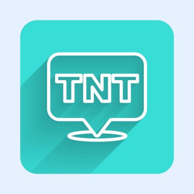 Beyaz çizgi Dinamit Bomba İmha ikonu uzun gölge arkaplan izole. Saatli bomba - patlama tehlikesi kavramı. Yeşil kare düğmesi. Vektör