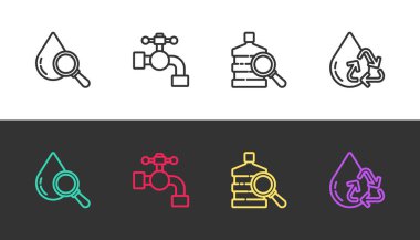 İpi bırak ve büyüteç, su musluğu, temiz suyla dolu büyük bir şişe ve siyah beyaz suya geri dönüşüm yap. Vektör