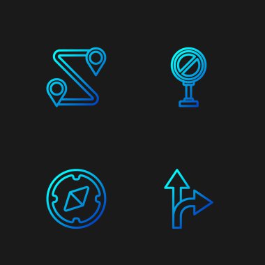 Yol trafik işaretini, pusulayı, güzergahı ve durağı ayarla. Renk simgeleri. Vektör