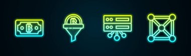Kripto para birimi bitcoin, satış hunisi, sunucu ve blok zinciri teknolojisini ayarla. Parlayan neon ikonu. Vektör