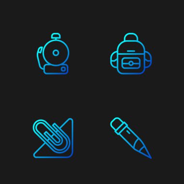 Silgi, ataç, alarm zili ve okul çantasıyla satırı ayarla. Renk simgeleri. Vektör