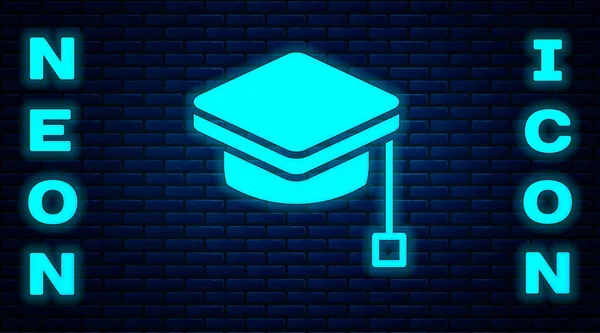 Glowing neon Graduation cap icon isolated on brick wall background. Graduation hat with tassel icon. Vector — Stock Vector